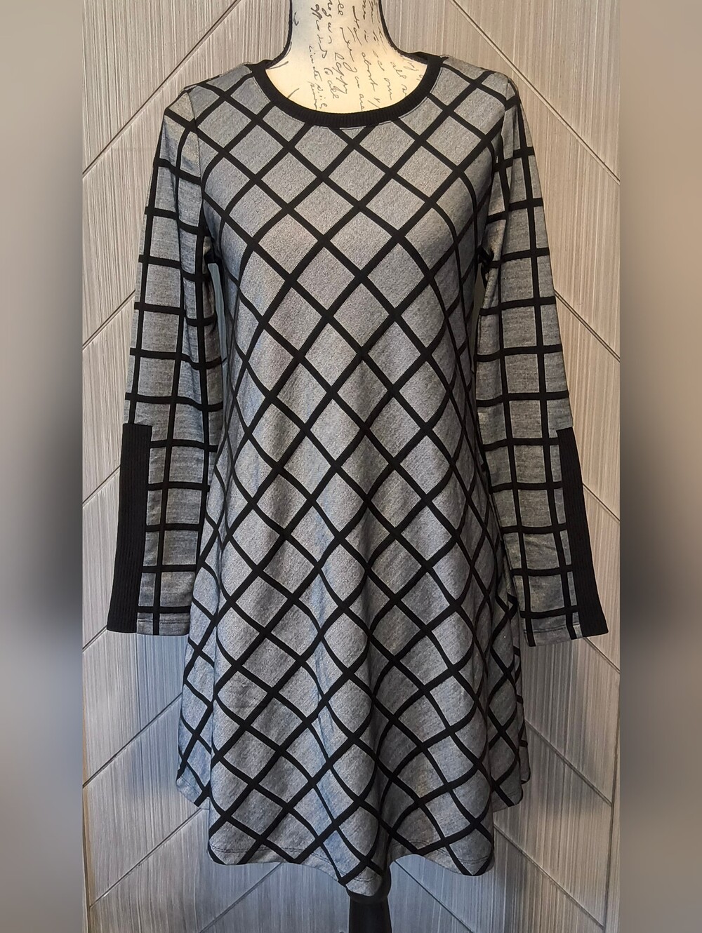 Cato M Gray Black Windowpane Plaid Fit And Flare Dress A Line Back Zip
